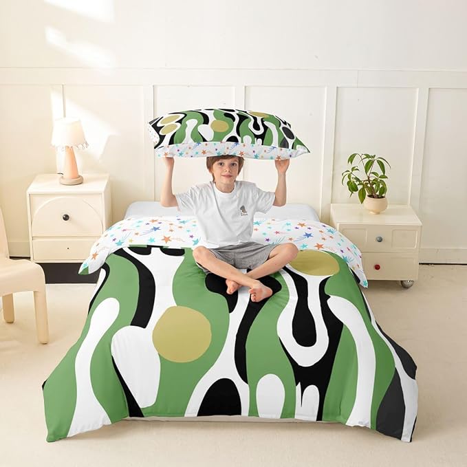 Erosebridal Organic Geometric Duvet Cover Set Modern Abstract Girl Toddler Bedding Set for Youth Boys Retro Mid Century Comforter Cover Modern Fluid Art Irregular Circles Bed Sets,Sage Green Khaki