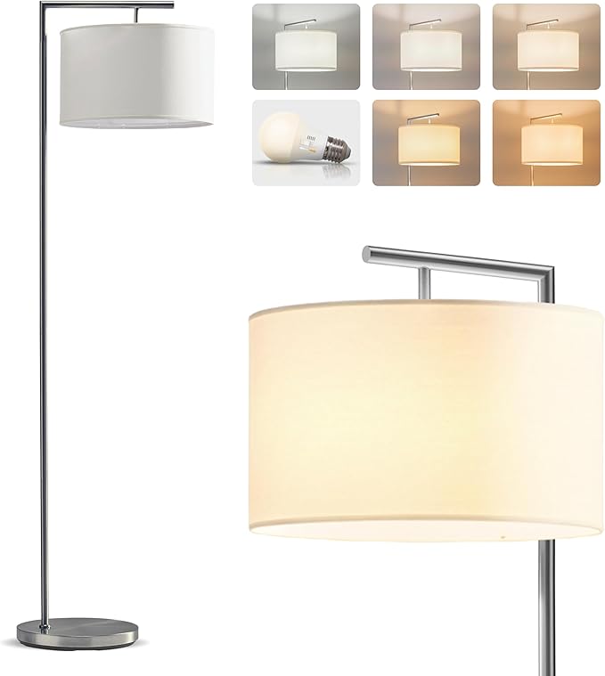 Brightech Montage Modern Floor Lamp - LED Standing Lamp with White Shade and Adjustable Color for Living Rooms & Offices - Tall Corner Bedroom Reading Light for Contemporary Home Decor - Satin Nickel