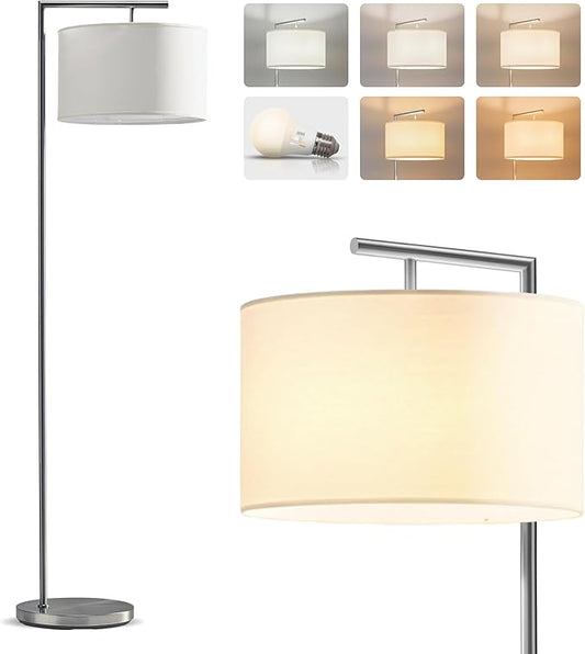 Brightech Montage Modern Floor Lamp - LED Standing Lamp with White Shade and Adjustable Color for Living Rooms & Offices - Tall Corner Bedroom Reading Light for Contemporary Home Decor - Satin Nickel