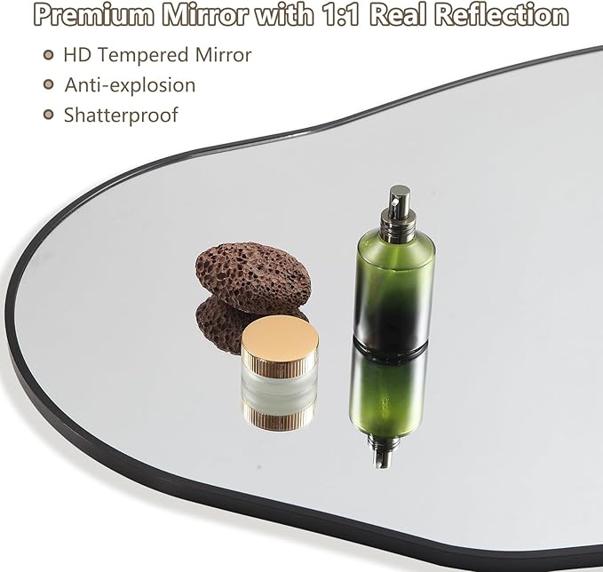 Mirrorons Irregular Wall Mirror 51×28, Black Asymmetrical Bathroom Mirror, Oval Aesthetic Full Length Mirror, Shatterproof Black Bathroom Mirrors