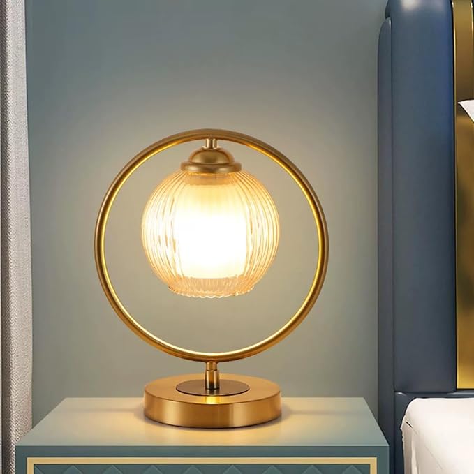 Glass Table Lamp Gold Mid Century Modern Desk Lamp Nightstand Light Round Ribbed Glass Shade Globe Reading Lamp for Bedroom Study Room Office