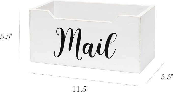 Elegant Designs HG2010-WMB Rustic Farmhouse Wooden Tabletop Black Script Word Mail Organizer Box, Letter Holder Office Accessories Decor, White Wash