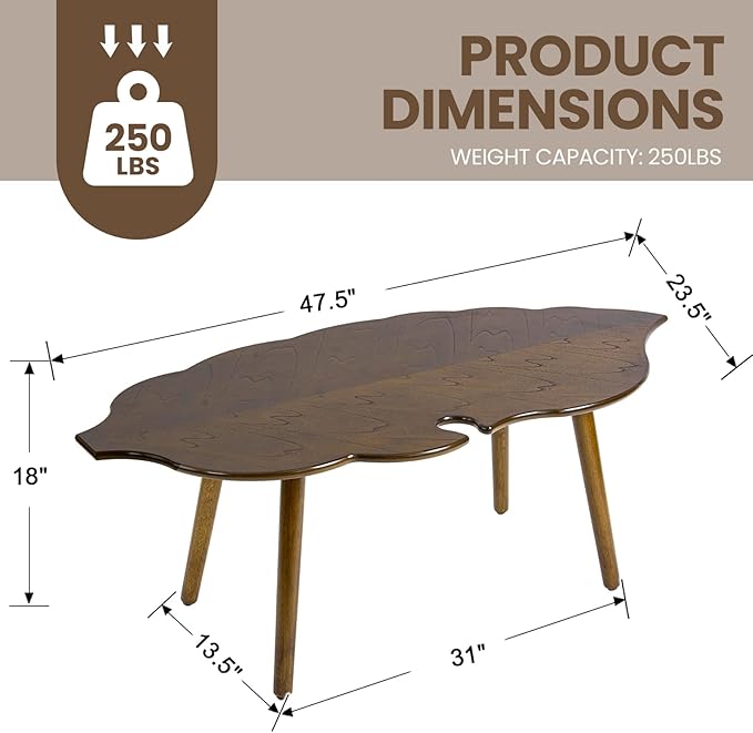 DUOMAY Mid-Century Modern Small Coffee Table, Solid Leaf-Shaped Wood Coffee Table for Living Room, Easy Assembly Center Table End Table with Wood Leg, Side Table for Bedroom Small Space, Brown