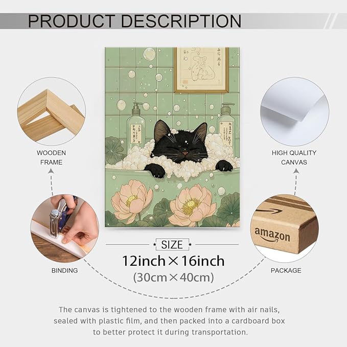 Black Cat in Bathtub Poster Vintage Japanese Bathroom Wall Art 12X16 inch Framed Funny Cute Animal Canvas Prints for Bedroom Restroom Toilet Wall Decor