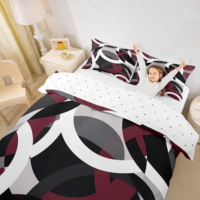 Geometric Circle Bedding Set Girls Boys Kids Modern Retro Grommet Comforter Cover Grey Red Black Stripe Line Art Duvet Cover Room Decor Abstract Stripes Swirl Bed Set Queen Size 3Pcs (No Comforter)