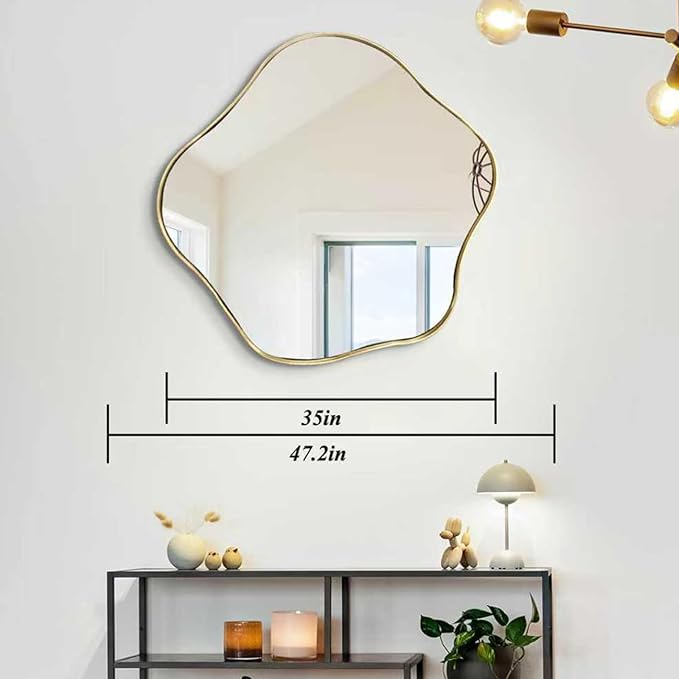 Gold Irregular Shaped Mirror, 35" Asymmetrical Mirrors for Wall, Large Scalloped Mirror Decorative, Modern Wavy Round Mirrors for Living Room Bathroom Bedroom Hallway Entryway Fireplace