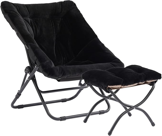 Furlide Oversized Folding Faux Fur Chair with Ottoman, X-Large Soft Saucer Chair, Foldable Metal Frame for Bedroom, Living Room, Balcony (Black)