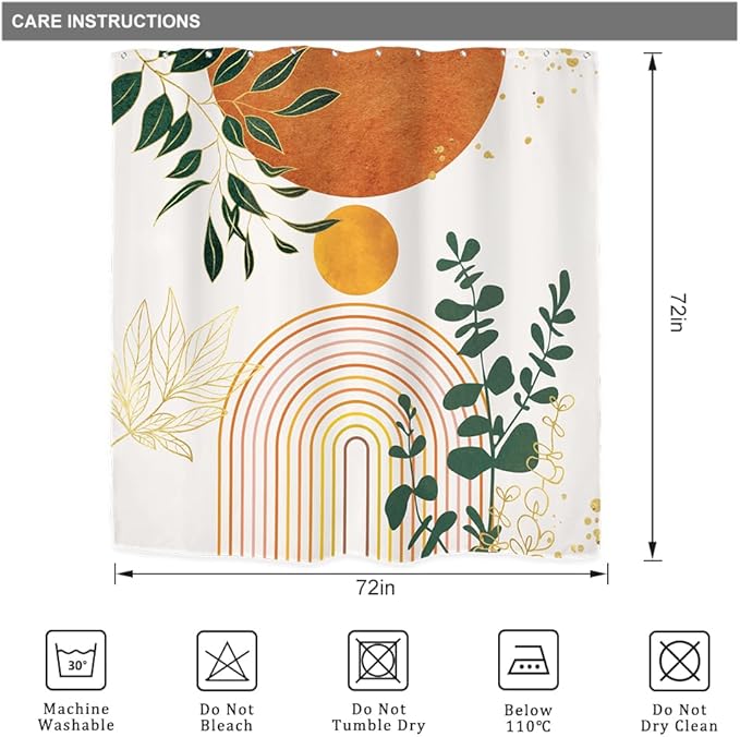 Riyidecor Orange Boho Mid Century Modern Shower Curtain for Bathroom Decor 72Wx72H Abstract Gold Leaves Minimalist Geometric Arch Sun Art Printed Fabric Polyester Waterproof 12 Pack Plastic Hooks