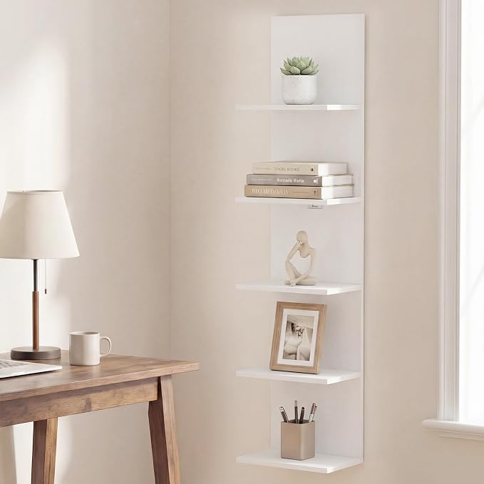 GOFLAME 5-Tier Wall Shelf, Wooden Display Floating Shelves, Wall Mounted Bookshelf Shelving Unit, Modern Storage Organizer Vanity Shelves for Living Room, Bedroom, Home Office (2,White)