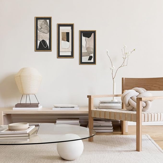 IARTTOP Neutral Abstract Wall Decor Set of 3 Beige Grey Black Brown Wall Art Framed Mid Century Modern Tone Minimalist Artwork Textured Abstract Painting for Walls Bedroom Office 8x16Inch