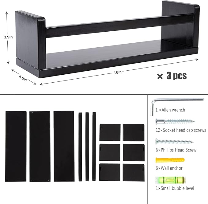 AZSKY Black Nursery Shelves 16 Inch Set of 3 Wooden Floating Wall Bookshelf for Kids Nursery Shelves for Wall,Bathroom Living Room Décor Kitchen Spice Rack
