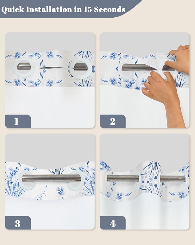 No Hook Bathroom Shower Curtain and Liner Set, Watercolor Blue Floral in White Cloth, Double Layer Waterproof Fabric Bath Tub Curtain with Snap in Liner, See Through Top, 71 x 74 Inch