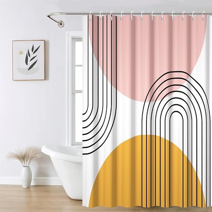 Pink and Orange Boho Shower Curtain for Bathroom Modern Abstract Minimalist Bathroom Decor Set Mid Century Arch Sun Aesthetic Bathtub Curtain Washable Waterproof Polyester Fabric with Hooks 72x96 Inch