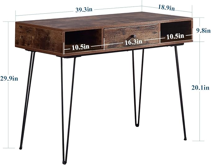 VECELO 39.3" Home Office Work Table with Drawers,Computer Desk with Hairpin Leg for Writing/Study,Retro Brown