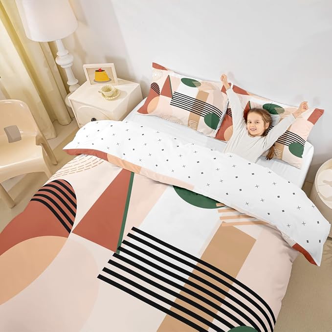 Erosebridal Red Brown Abstract Twin Comforter Cover for Kids Teens Girls | Colorful Geometric Duvet Cover Minimalist Circle Modern Bed Set Boho Contemporary Aesthetic Bedding Set
