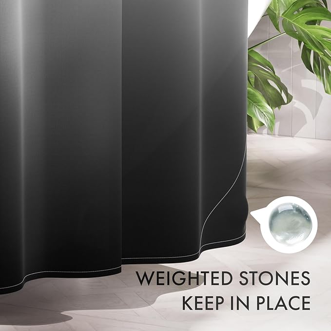 AmazerBath Long Shower Curtain, 72x78 Ombre Black Fabric Shower Curtain Set with 12 Shower Curtain Hooks, Farmhouse Cloth Black and White Shower Curtain, Washable Bathroom Shower Curtain Sets