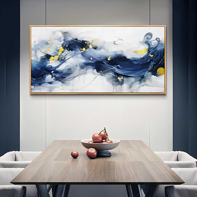 hyidecorart Wood Framed Wall Art For Living Room Large Size Wall Decor For Office Bedroom Wall Decorations Pictures Artwork Blue Abstract Ink Paintings Canvas Art Prints Ready To Hang Home Decor