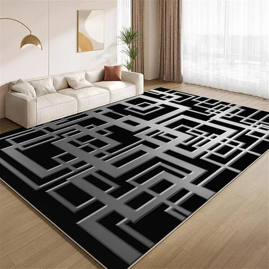 Minimalist Geometric Area Rugs, Grey Black Abstract Carpet, Washable Non Slip Low Pile Soft Rug for Living Room Bedroom Decor Mat 4x5ft