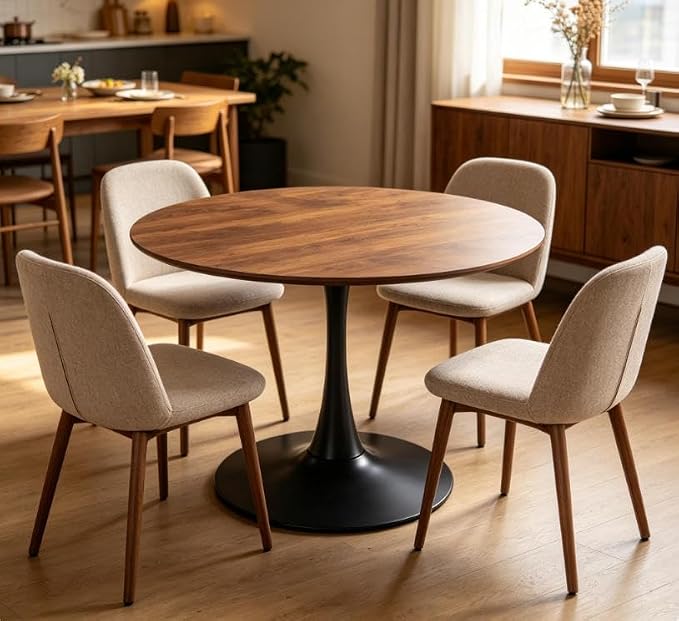 Round Tulip Dining Table, Walnut Tulip Table with 0.8" Thickened Tabletop, 42.1 inches Dining Pedestal Table, Tulip Shape Table for Dining Room, Office, Cafe