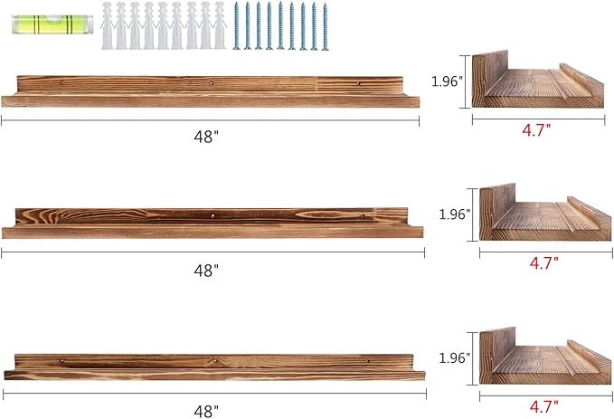 AZSKY Picture Ledge Shelf Floating Shelves for Photo Frames Kids Book Shelves Wall Mounted Burnt Display Shelf Wooden Frame Ledge 48 Inches Set of 3 Bathroom Organizer Shelves
