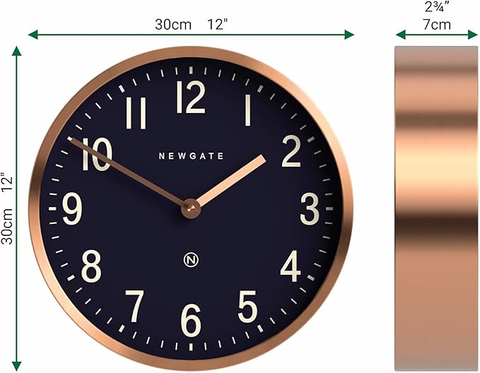 NEWGATE® Master Edwards wall Clock | Mid-Century Style Clock | 12 inch | Deep Metal case with Copper/Rose Gold Finish | Modern Retro Design for Kitchen, Living Room or Office