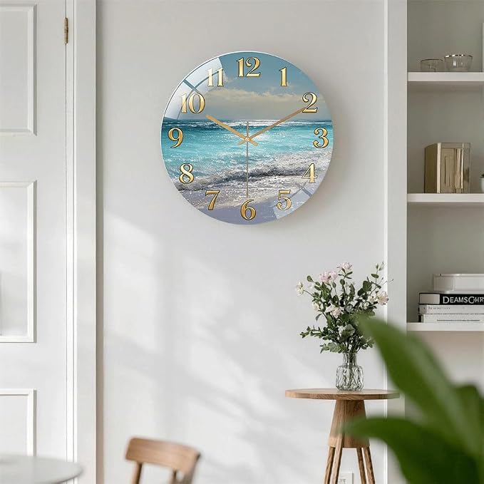 16 Inch Ocean Beach Glass Wall Clock Silent Coastal Art Decor | Silent glossy wall clock featuring a stunning ocean beach scene, perfect for adding a coastal vibe to living room or bedroom