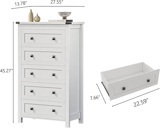 White Dresser Tall 5 Drawer Dresser for Bedroom, Wood Chest of Drawers with Metal Handles, Modern Storage Cabinet and Organizer Drawers for Living Room, Hallway