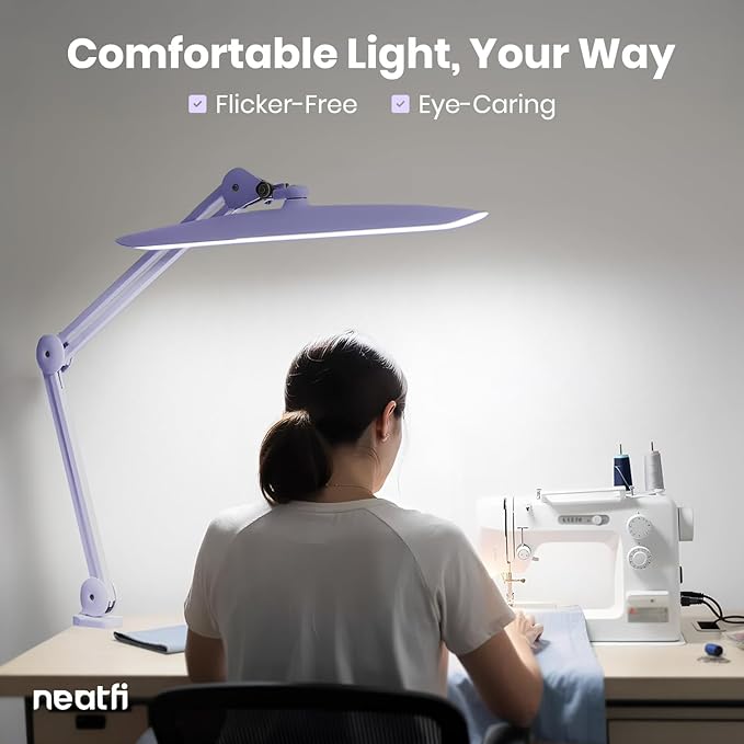Neatfi XL Nail Desk Lamp with Clamp, 2200 Lumens, 20-Inch Wide Head, Dimmable 4 Levels, 3 Color Modes 3000K–6000K, LED Task Light for Manicure Table, Crafts, Workbench, Office (CCT, Lavender)