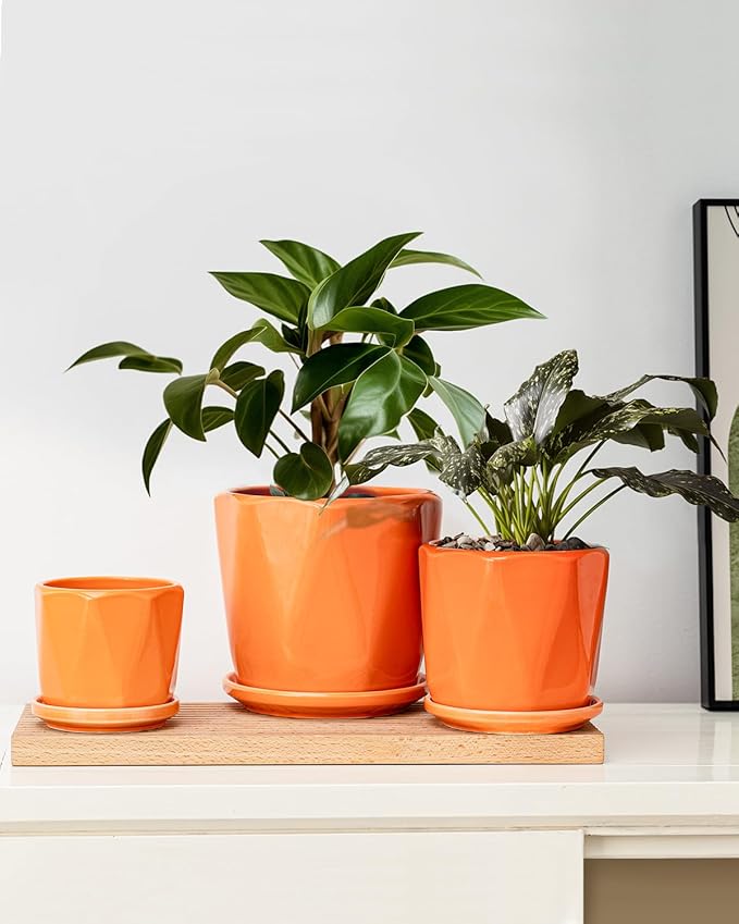 Ceramic Plant Pots, 6.7 + 5.3 + 3.9 Inch Octagon Pots for Plants, Flower Planters for Indoor with Drainage and Saucer Set of 3, Bright Orange