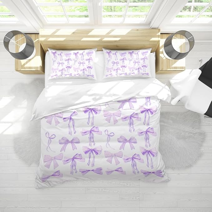 Trendy Purple Bow Duvet Cover Full Queen Size Coquette Bedding Set Graceful Style Light Purple Bowknot Bed Cover,Kids Girls Super Soft Bedding Set Funky Preppy Girly Room Decor 88"x88"
