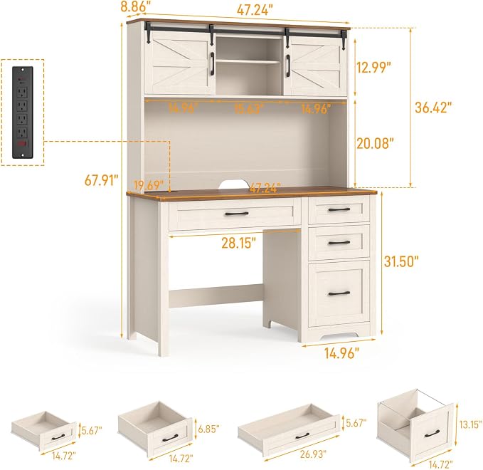Farmhouse 67" H Executive Desk with Hutch,Office Table with LED light and 4 Drawers,Computer Desk with Charging Station,File Drawers and Storage Cabinet,Workstation for Home Office.Unique White