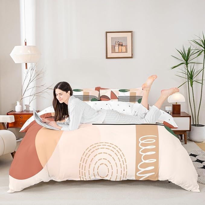 Erosebridal Red Brown Abstract Duvet Cover Toddler Size for Kids Teens Girls | Colorful Geometric Comforter Cover Minimalist Circle Modern Bedding Set Boho Contemporary Aesthetic Bed Set