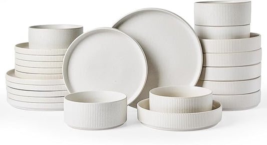 famiware Star Dinnerware Set with Pasta Bowls, Service for 6 (24 Pieces), Ribbed Stoneware Plates and Double Bowls Sets - Chip & Scratch Resistant, Microwave & Dishwasher Safe Dishes, Matte White