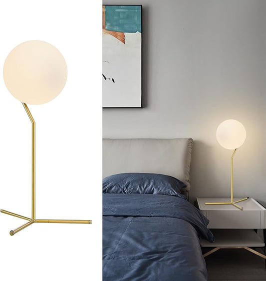 BOKT Modern 1-Light Glass Globe Table Lamp Contemporary Minimalist Tall Bedside Desk Nightstand Lamp Vintage Brush Gold Metal Table Light Frosted White Glass Ball Reading Lamp