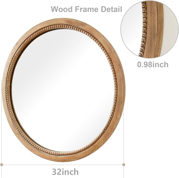 sawsile Round Wood Mirror,32 inch Circle Rustic Farmhouse Natural Wooden Frame Boho Beads Wall Mirror for Bathroom,Living Room,Bedroom or Entryway