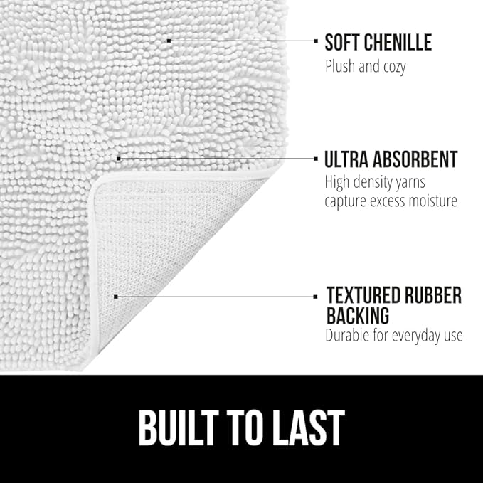 GORILLA GRIP Bath Rug Mat 60x17, Thick Soft Absorbent Chenille, Quick Dry Microfiber Mats, Rubber Backing Washable Shower Floor Rugs, Bathmat Runner, US Designed Bathroom Home Decor Accessories White
