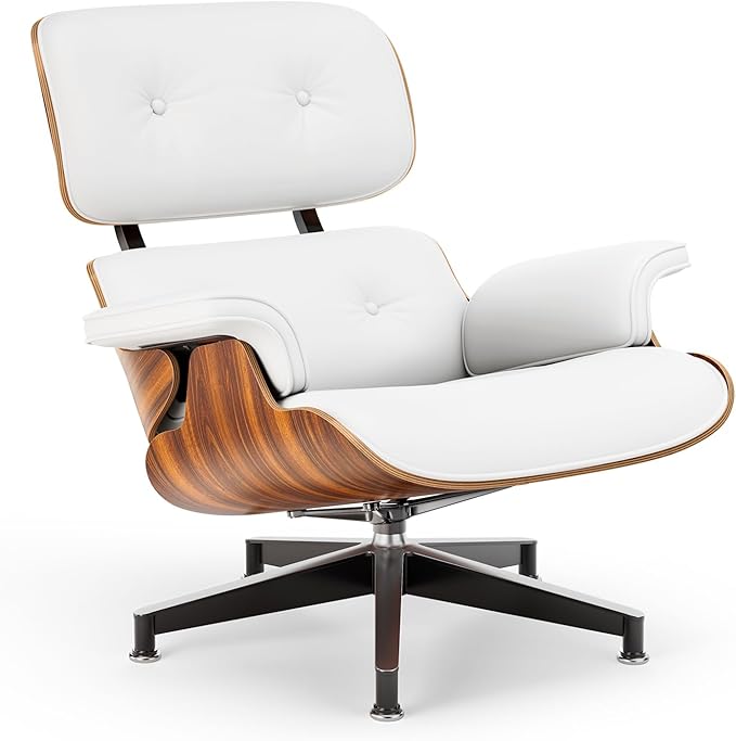 Top White PU Leather, Mid Century Chaise Lounge Chair and Ottoman, Modern Chair Classic Design, Palisander Wood, Heavy Duty Base Support for Living Room Office