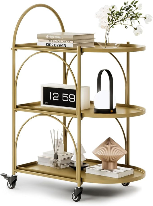 XIV Bar Cart, Metal Serving Cart for Home, Drink Cart, Rolling Beverage Cart with Lockable Wheels, Mobile Rolling Cart for Kitchen and Living Room (Gold)