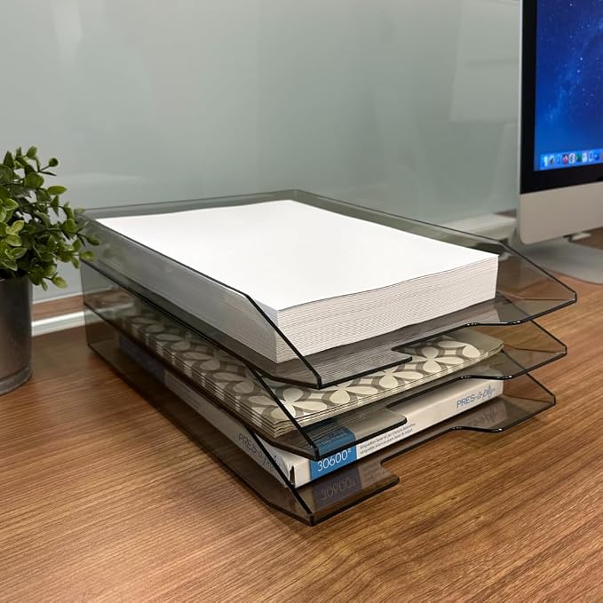 Acrimet 3 Tier Paper Organizer Letter Tray - Plastic Stackable Desk File Organizer, Front Load Paper Sorter Organizer for Letter/A4 Office File Folder Holder - Clear Gray