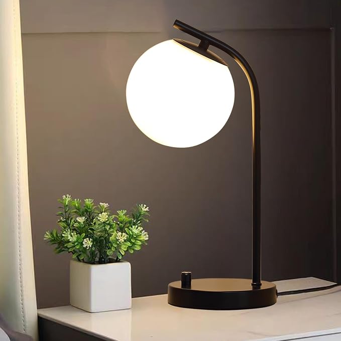 Black Globe Dimmable Table Lamp Minimalist Nightstand Lamps Mid Century Modern Desk Lamp with Milk White Glass Shade Metal Base for Dorm, Living Room Bedroom, Office,Kids Room (Tall-Black)
