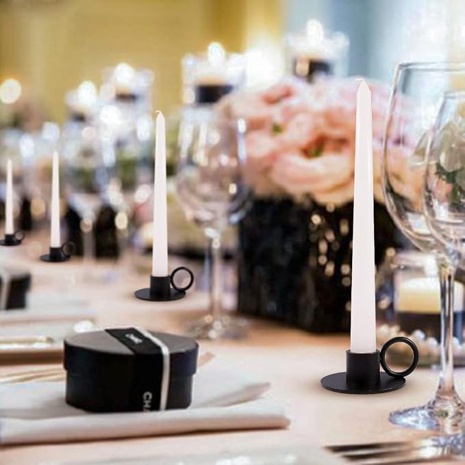 2PCS Black Taper Candle Holders with Round Handle, Matte Iron Candlestick Holders Centerpieces for Home Decoration, Wedding Anniversary, Party, Housewarming Gifts.