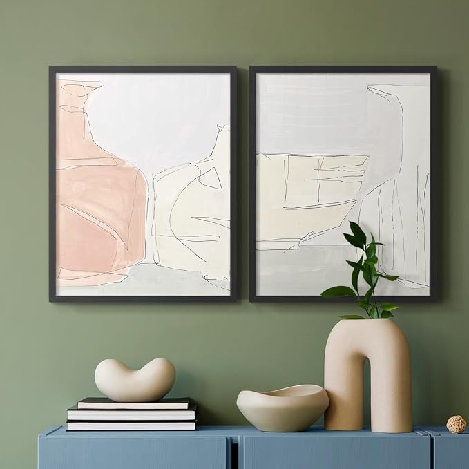 Renditions Gallery Set of 2 Peel & Stick Framed Prints, Neutral Abstract Wall Art, Soft Tones Delicate Linework Wall Decor, Re-Stickable - Ready to Hang - 16"x20" - Black Frame LT588