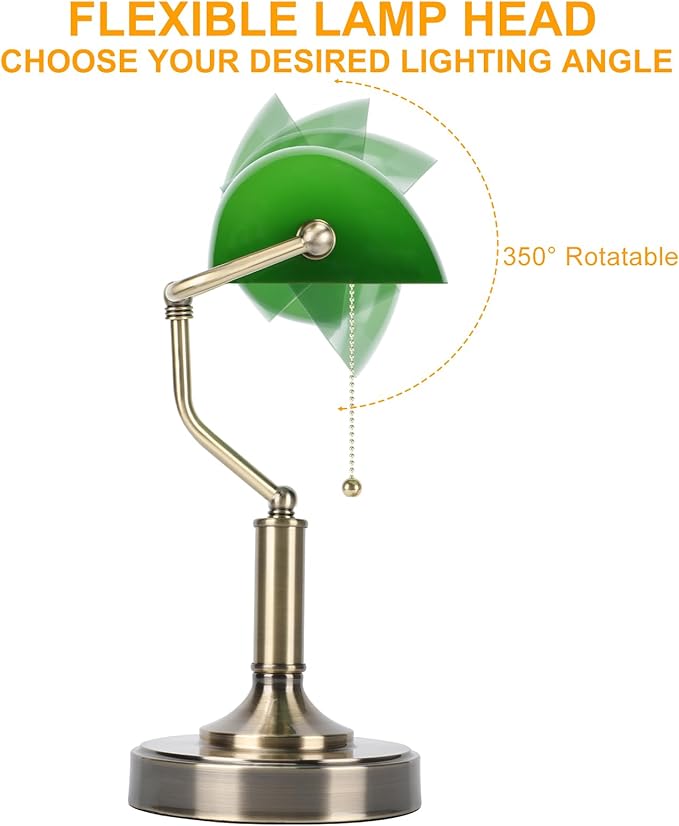 LINNMON Bankers Lamp, Green Desk Lamp with Pull Chain Switch, Retro Lamp with USB and Type C Charging Ports, Vintage Lamp for Home Office, Piano, Library (Retro)