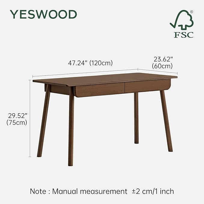 YESWOOD 100% Solid Wood Desk with Drawers, Walnut Color Office Desk, Mid Century Modern Writing Desk for Study Bedroom Living Room 47.24" W