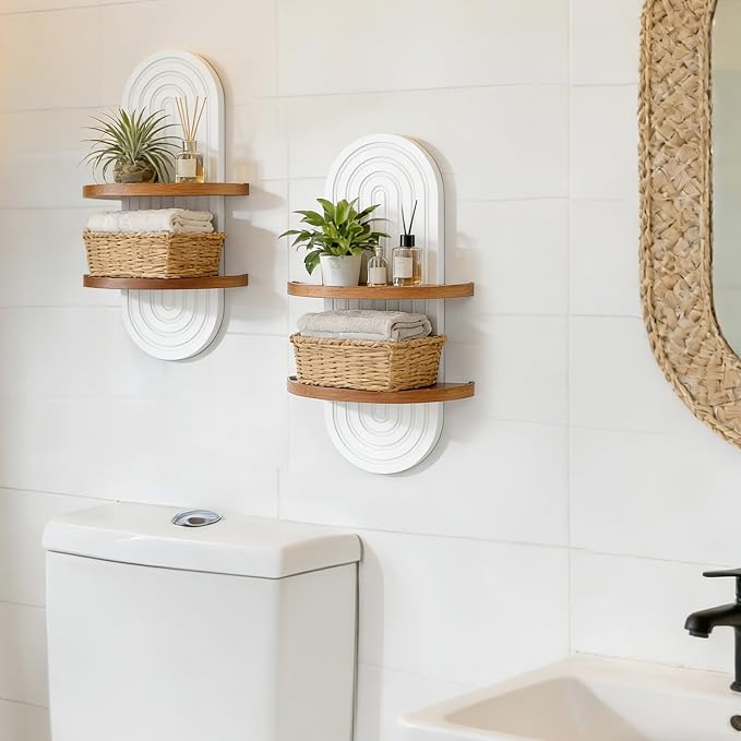 Boho Shelves with Ledge Wall Decor: 22inch Decorative Floating Shelves with Ledge Mid Century Modern MCM Hanging Shelf for Displaying Plants Small Items
