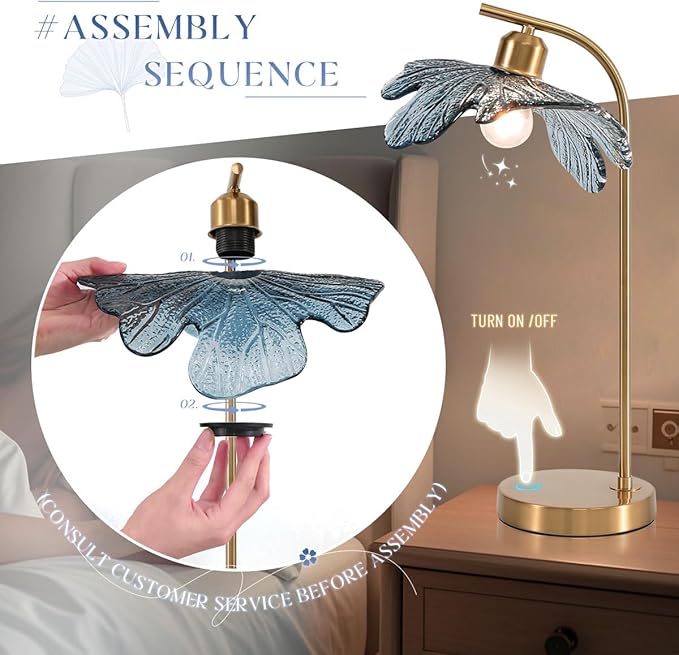 Gold Touch Table Lamps with Blue Glass Shade Flower Desk Lamp Mid Century Modern Bedside nightstand lamp Side Small Table Lamps for Bedroom Bookcase Living Room Office