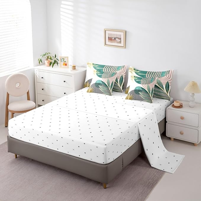 Erosebridal Mid Century Modern Bedding Sets Twin Bohemian 7 Piece Comforter Set for Kids,Boho Tropical Modern Bed in a Bag Abstract Sun Minimalist Simple Sheet Set with Comforter,Green Pink