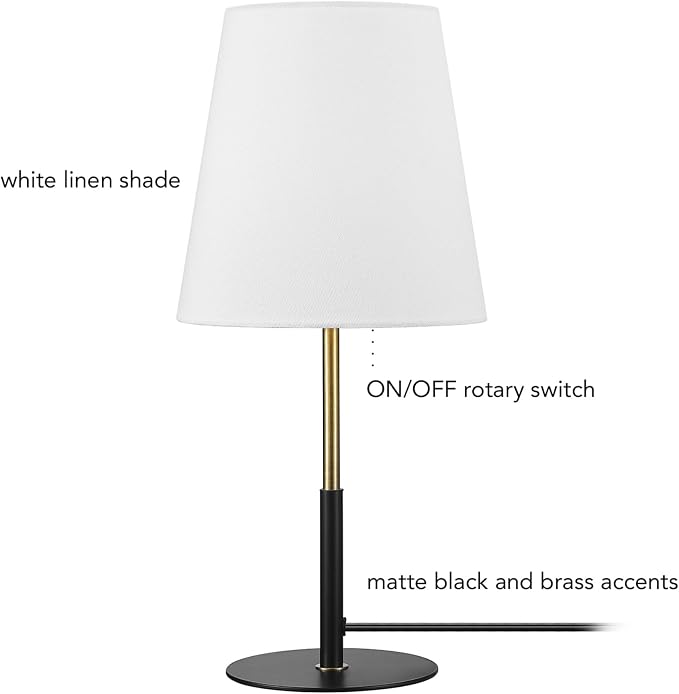 GLOBE Electric 61000045 16" Table Lamp, Matte Black, Brass Accents, White Linen Shade, On/Off Rotary Switch on Socket, Table Lamps for Living Room, Bedroom, Office, Den, Apartment Essentials