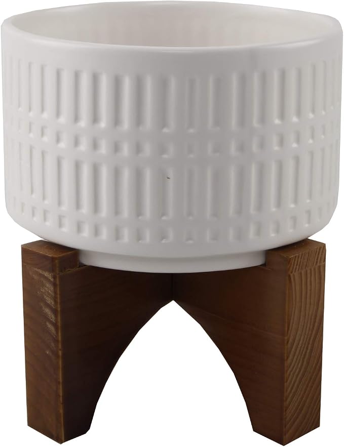 Flora Bunda Mid Century 7 Inch White Roman Texture Ceramic Planter on Wood Stand Mid-Century, White Roman 7"