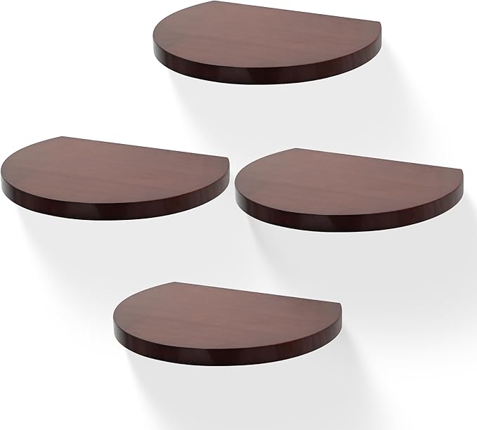 Small Wood Floating Shelves (4-Pack, 8-inch Diameter) - Round Sturdy Invisible Wall Mount Display for Small Plants,Toys,Bathroom,Living Room Storage & Modern Rustic Décor (Dark Walnut)